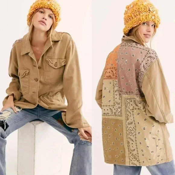 Free People Swept Up Shirt Jacket cargo brown shacket bandana paint spla… - Picture 1 of 9